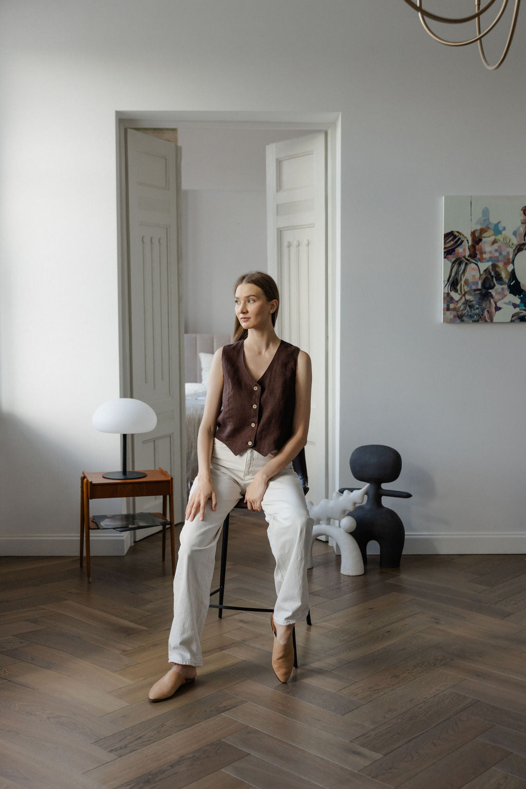 brown linen vest with buttons
