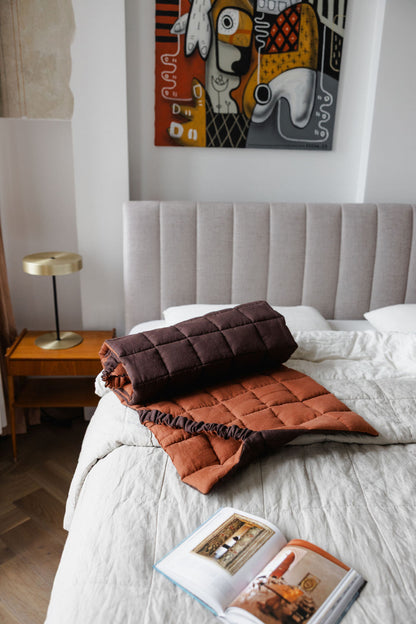 Bedroom with a bed featuring a brown quilt and white pillows, a lamp on a nightstand, and a painting on the wall.