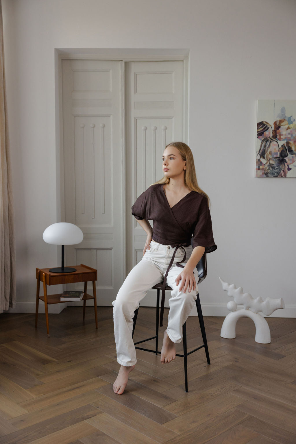 brown linen wrap blouse