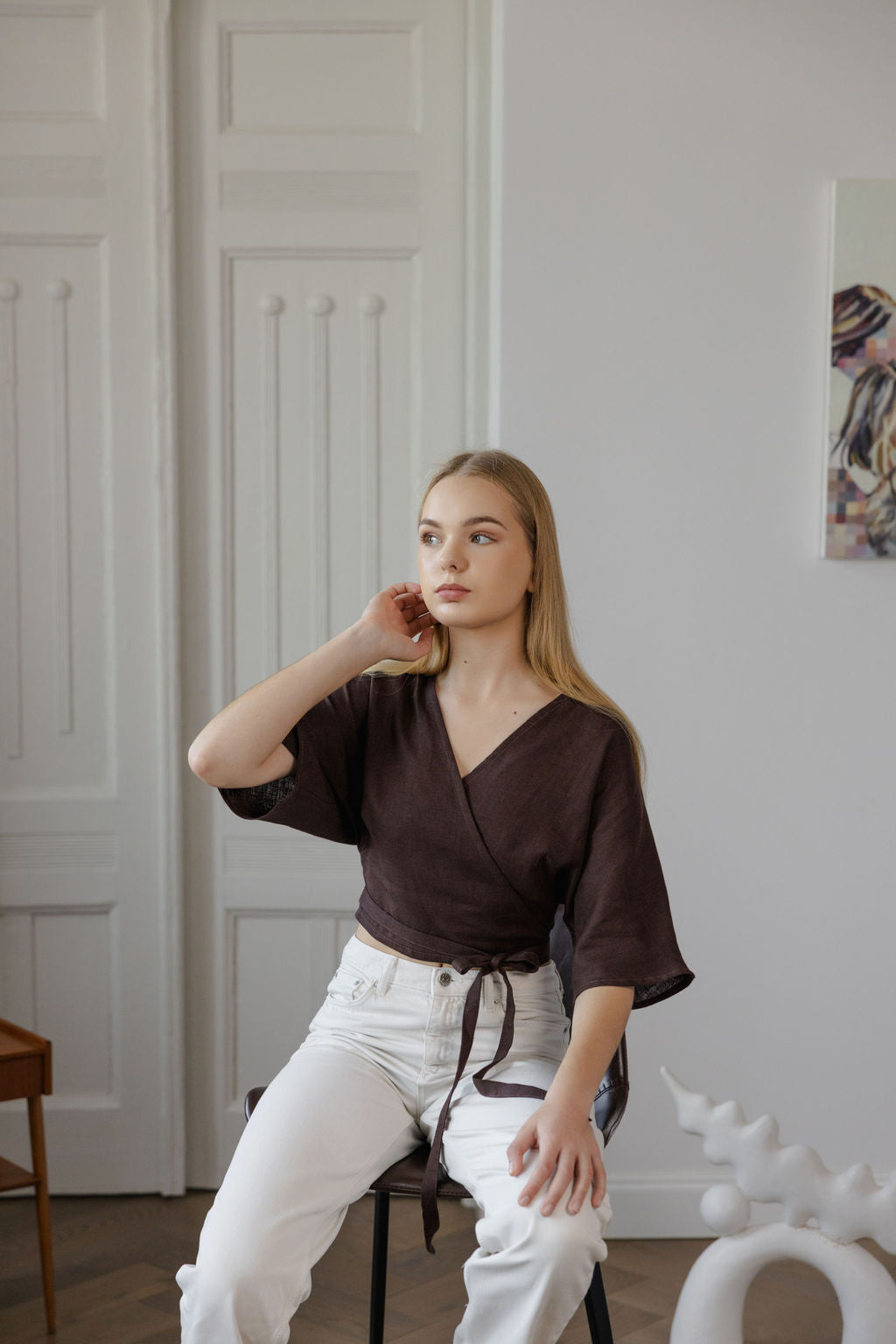 brown linen wrap blouse
