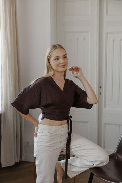 brown linen wrap blouse