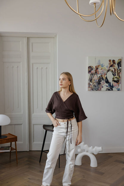 brown linen wrap blouse