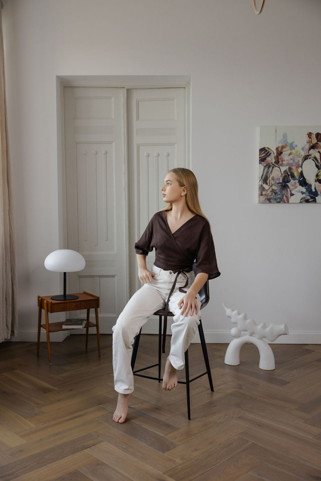 brown linen wrap blouse