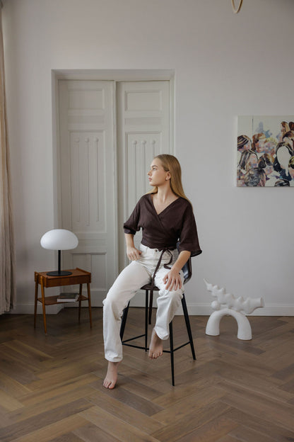 brown linen wrap blouse