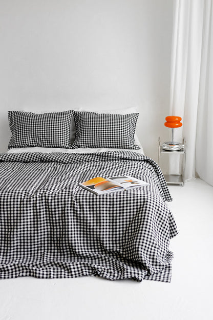 black gingham linen bedding set
