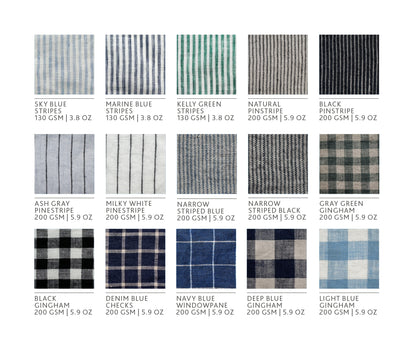 Collection of fabric swatches with various patterns and colors on a white background