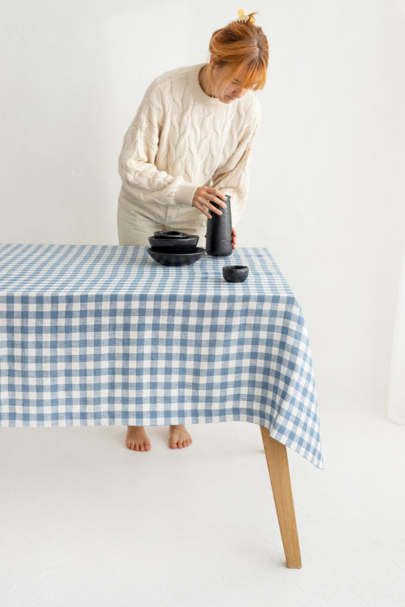 light blue gingham linen tablecloth