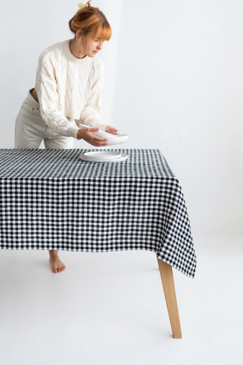 black gingham linen tablecloth