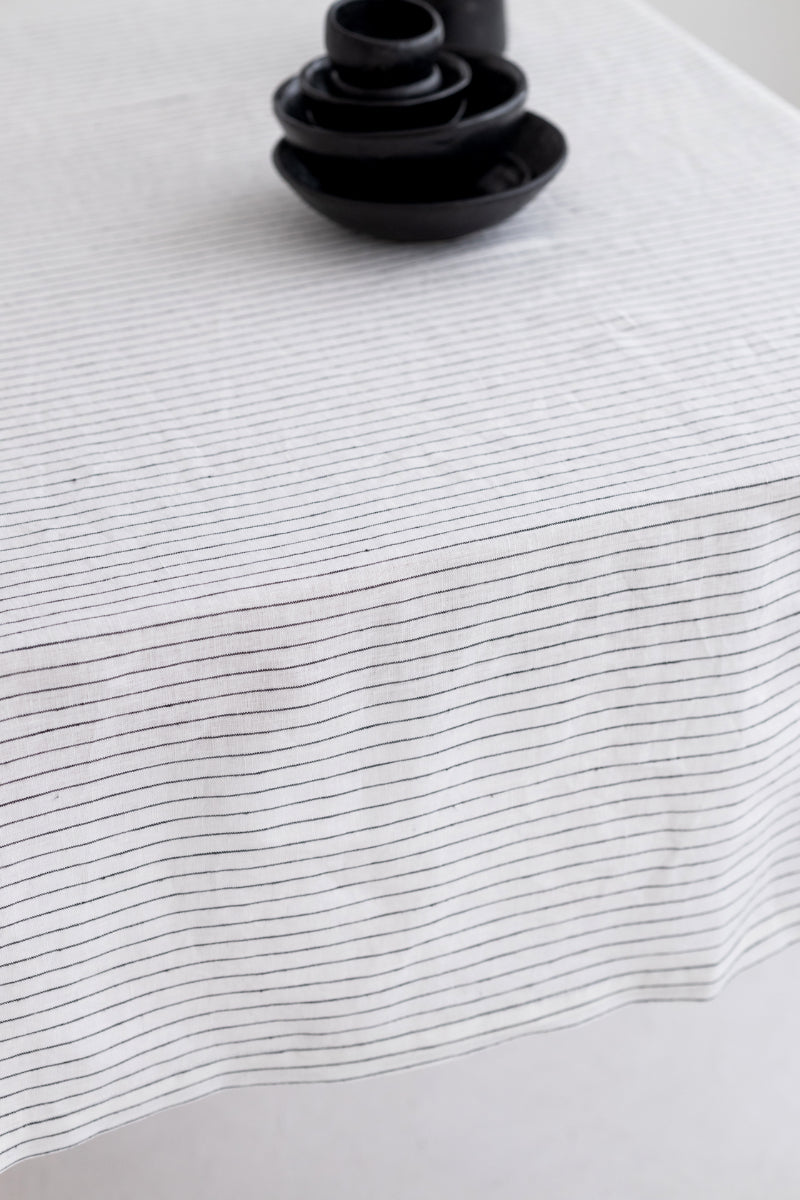 white striped linen tablecloth