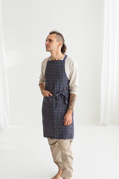 blue linen men apron