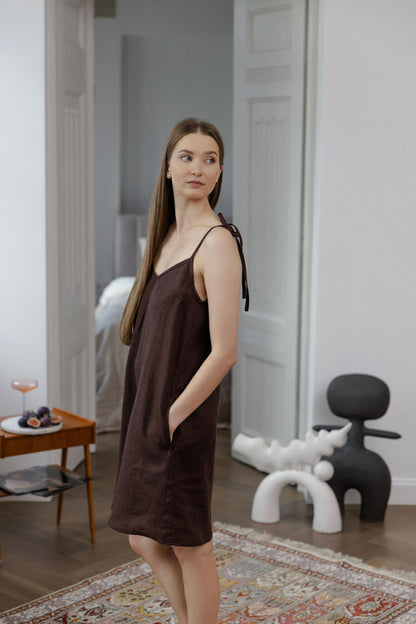Chocolate Linen Slip Dress With Adjustable Straps