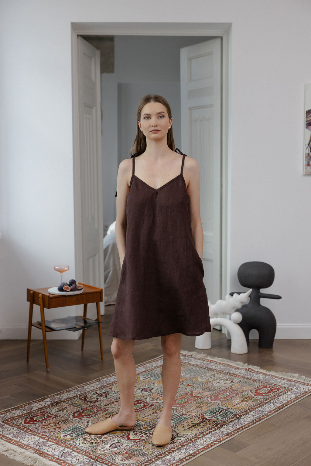 Chocolate Linen Slip Dress With Adjustable Straps