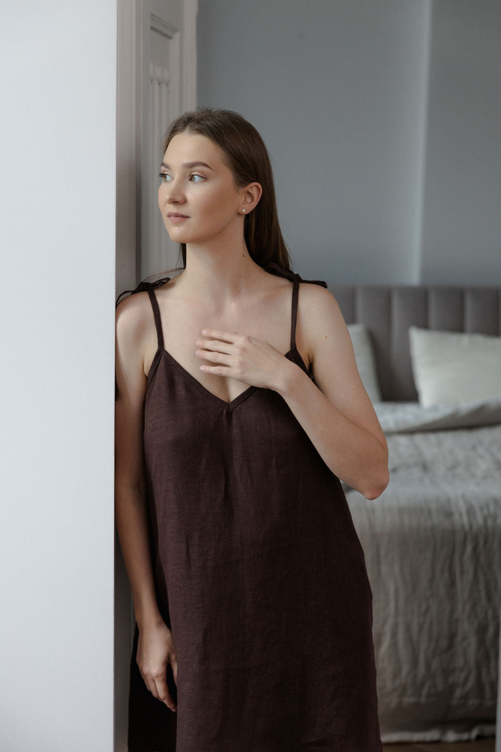 Chocolate Linen Slip Dress With Adjustable Straps