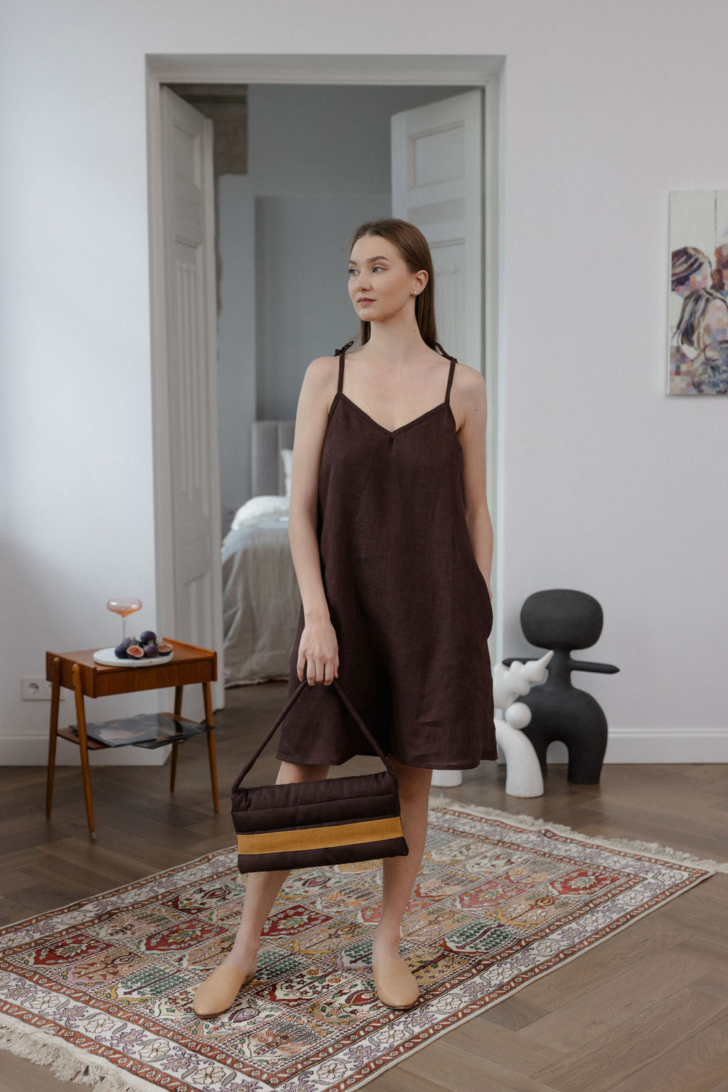 Chocolate Linen Slip Dress With Adjustable Straps