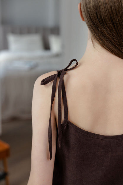Chocolate Linen Slip Dress With Adjustable Straps