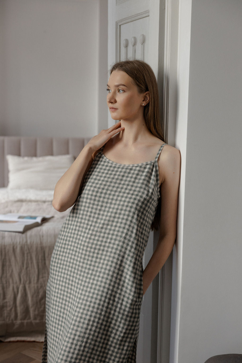 Gray Green Gingham Linen Slip Dress With Straps