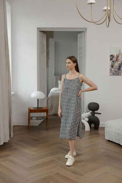 Black Gingham Linen Slip Dress With Straps