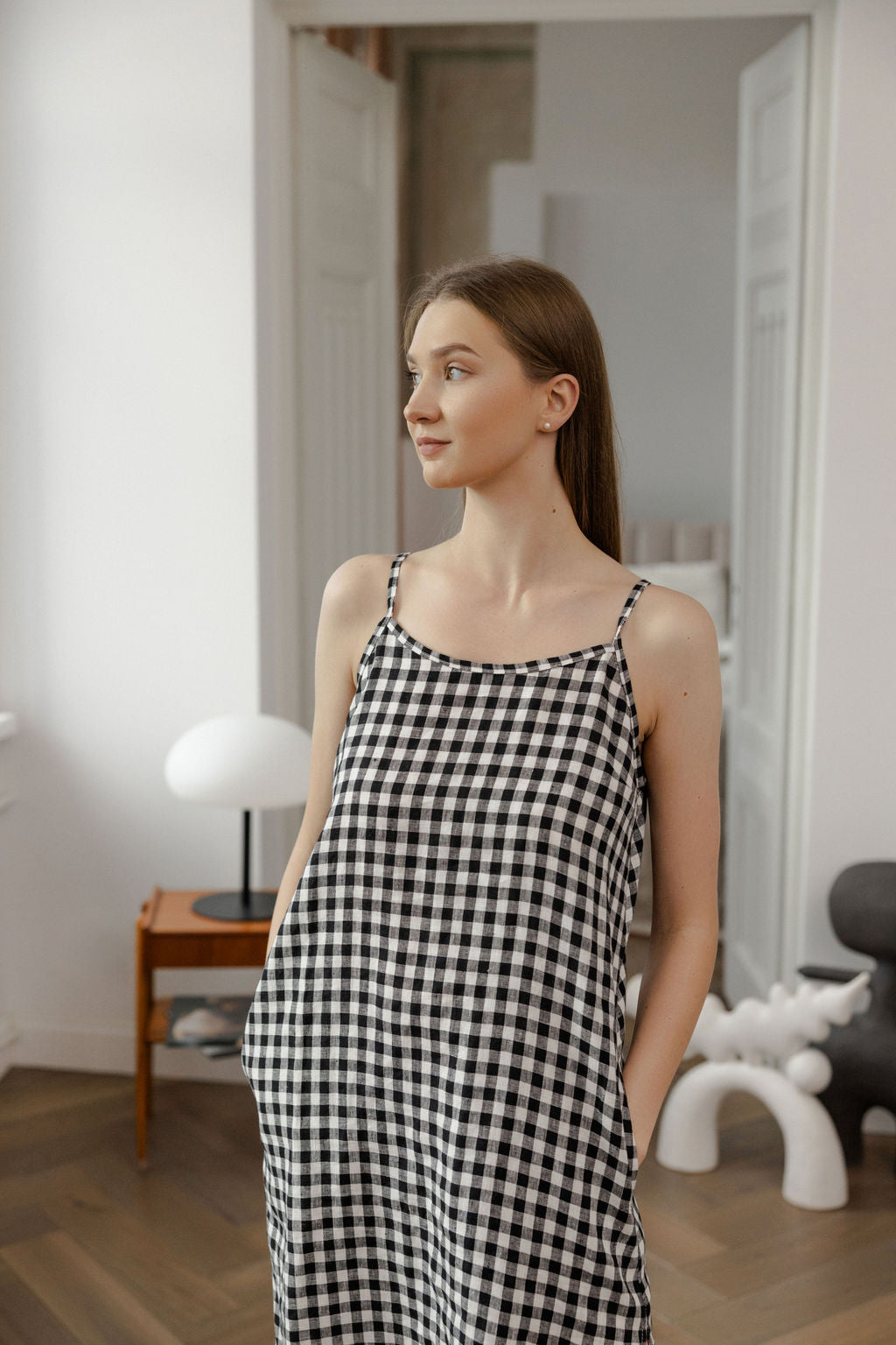 Black Gingham Linen Slip Dress With Straps