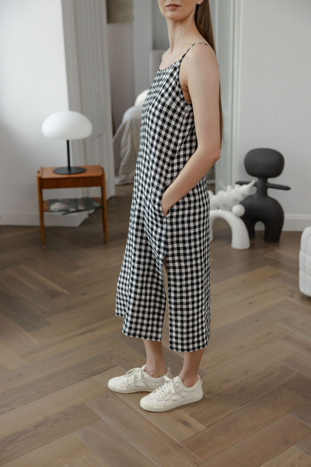 Black Gingham Linen Slip Dress With Straps