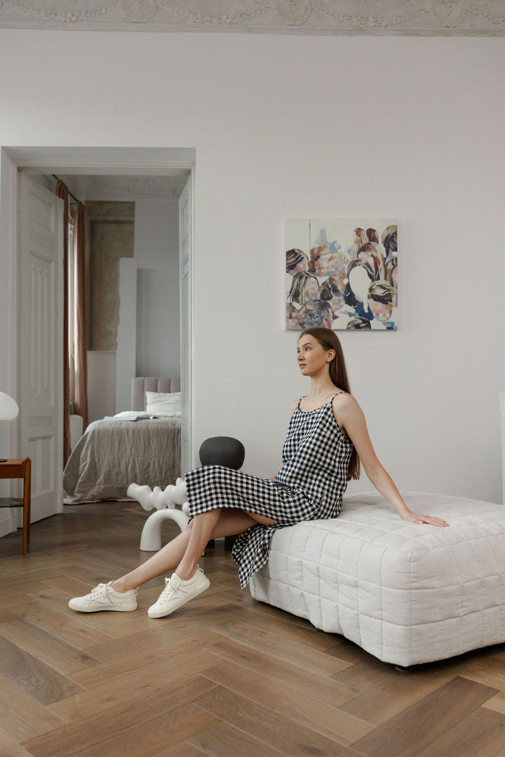 Black Gingham Linen Slip Dress With Straps