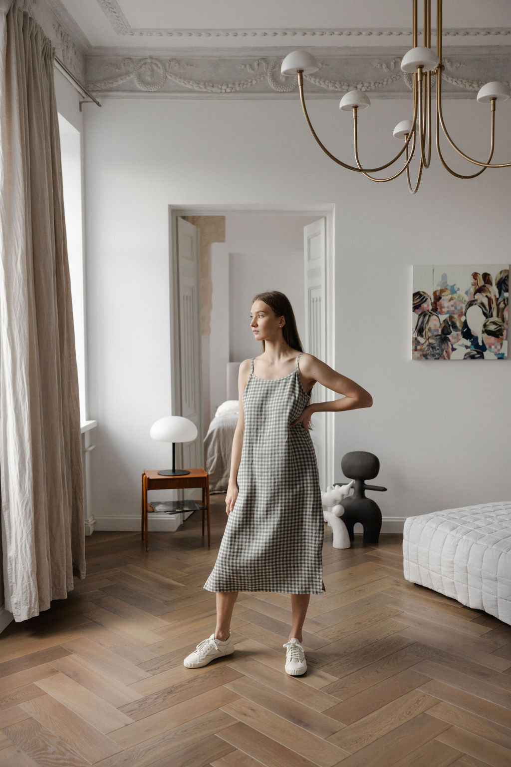 Gray Green Gingham Linen Slip Dress With Straps