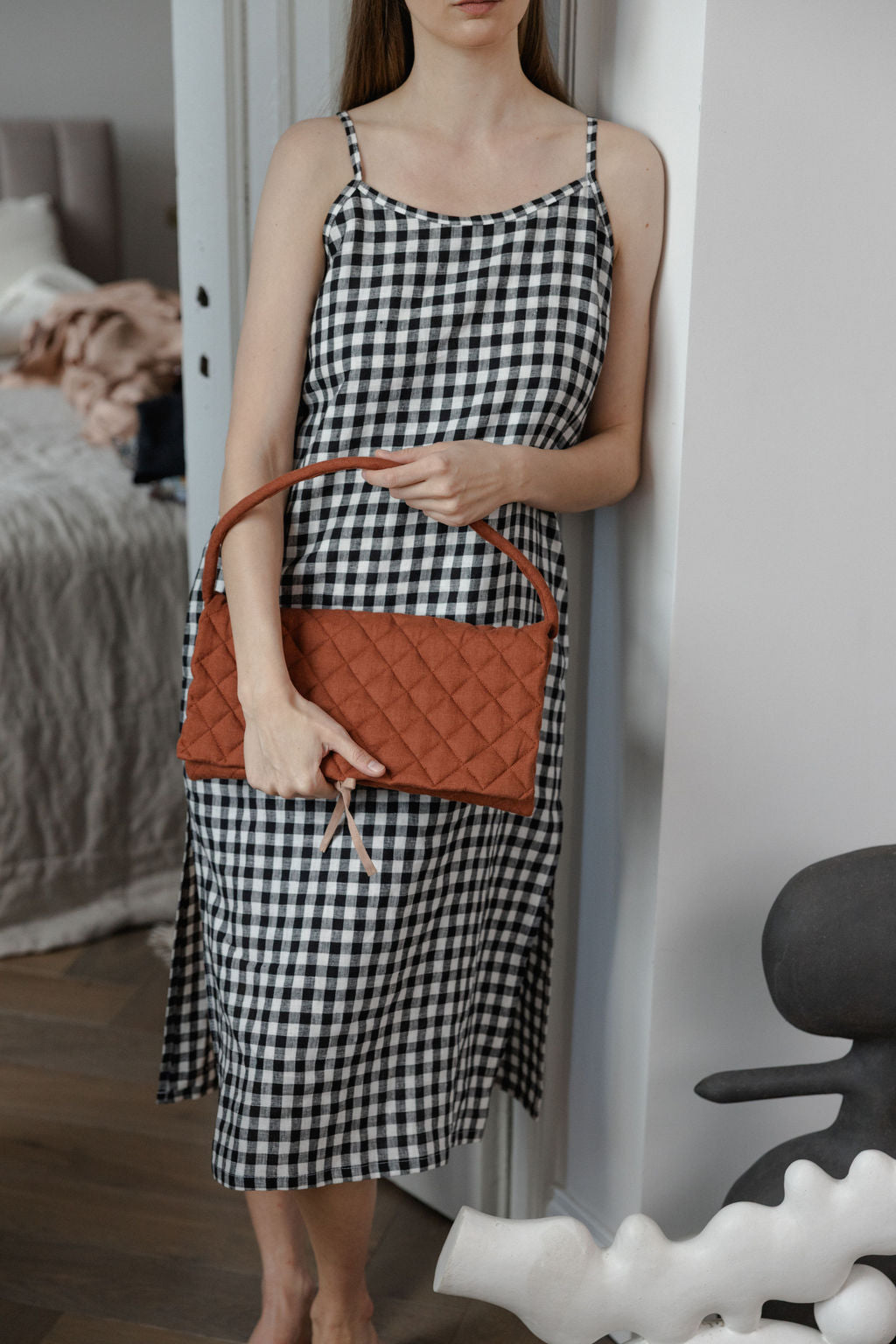 Black Gingham Linen Slip Dress With Straps