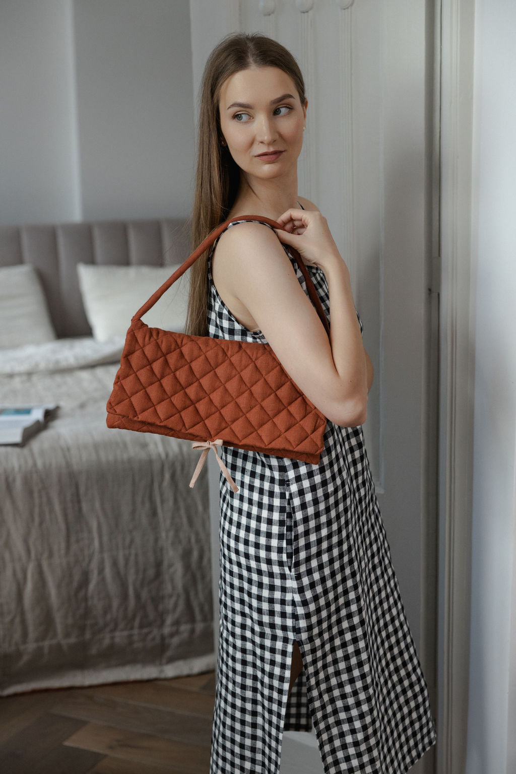 Quilted Linen Baguette Handbag