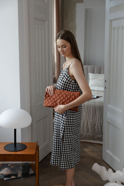 Black Gingham Linen Slip Dress With Straps