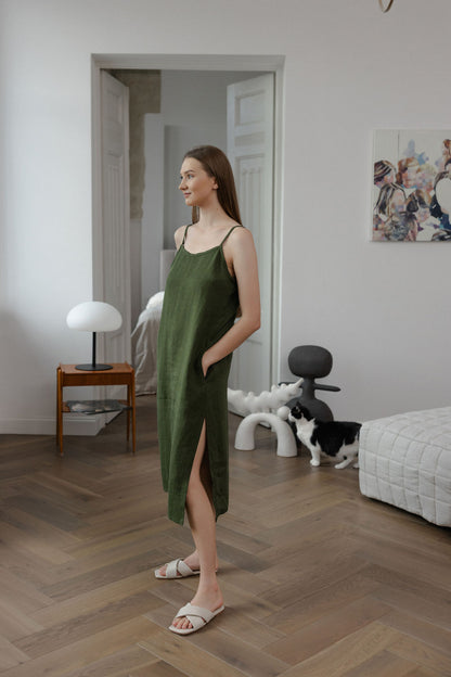 Dark Green Linen Slip Dress With Straps