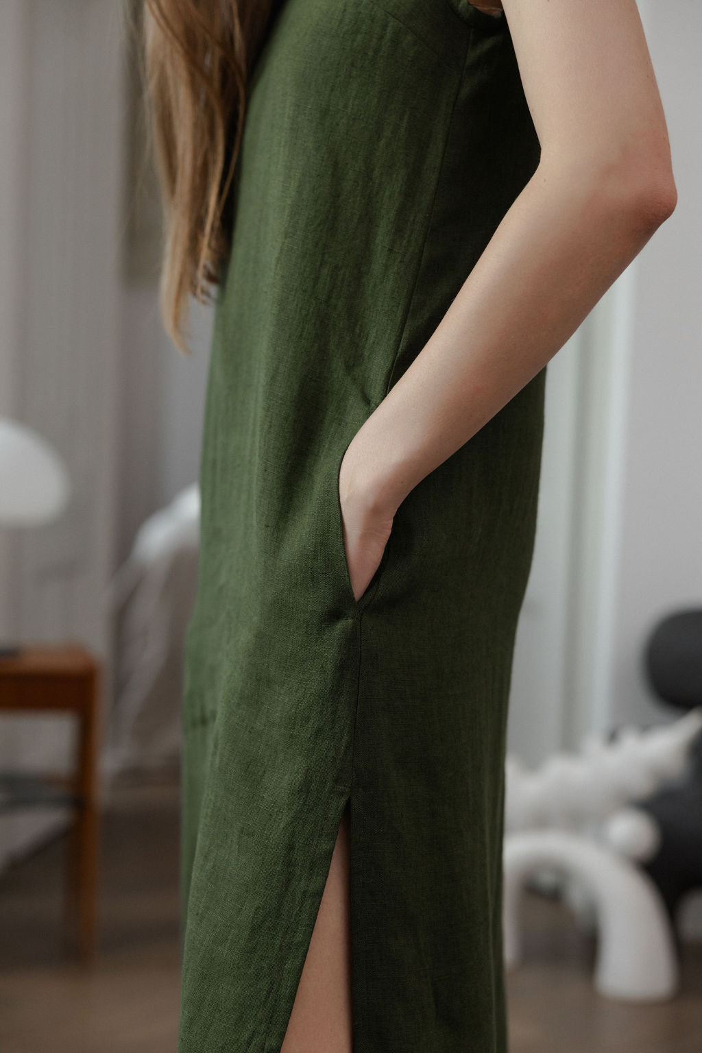 Dark Green Linen Slip Dress With Straps