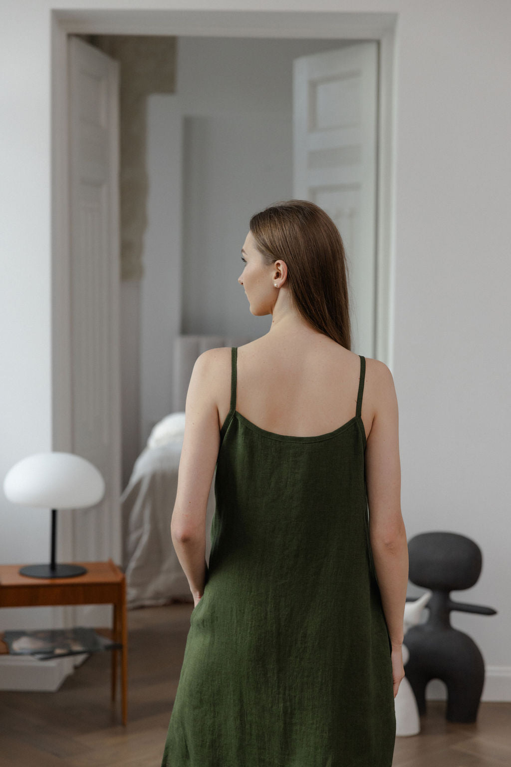 Dark Green Linen Slip Dress With Straps