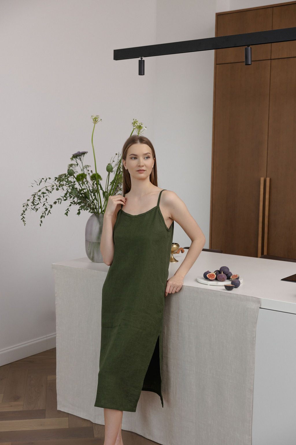 Dark Green Linen Slip Dress With Straps