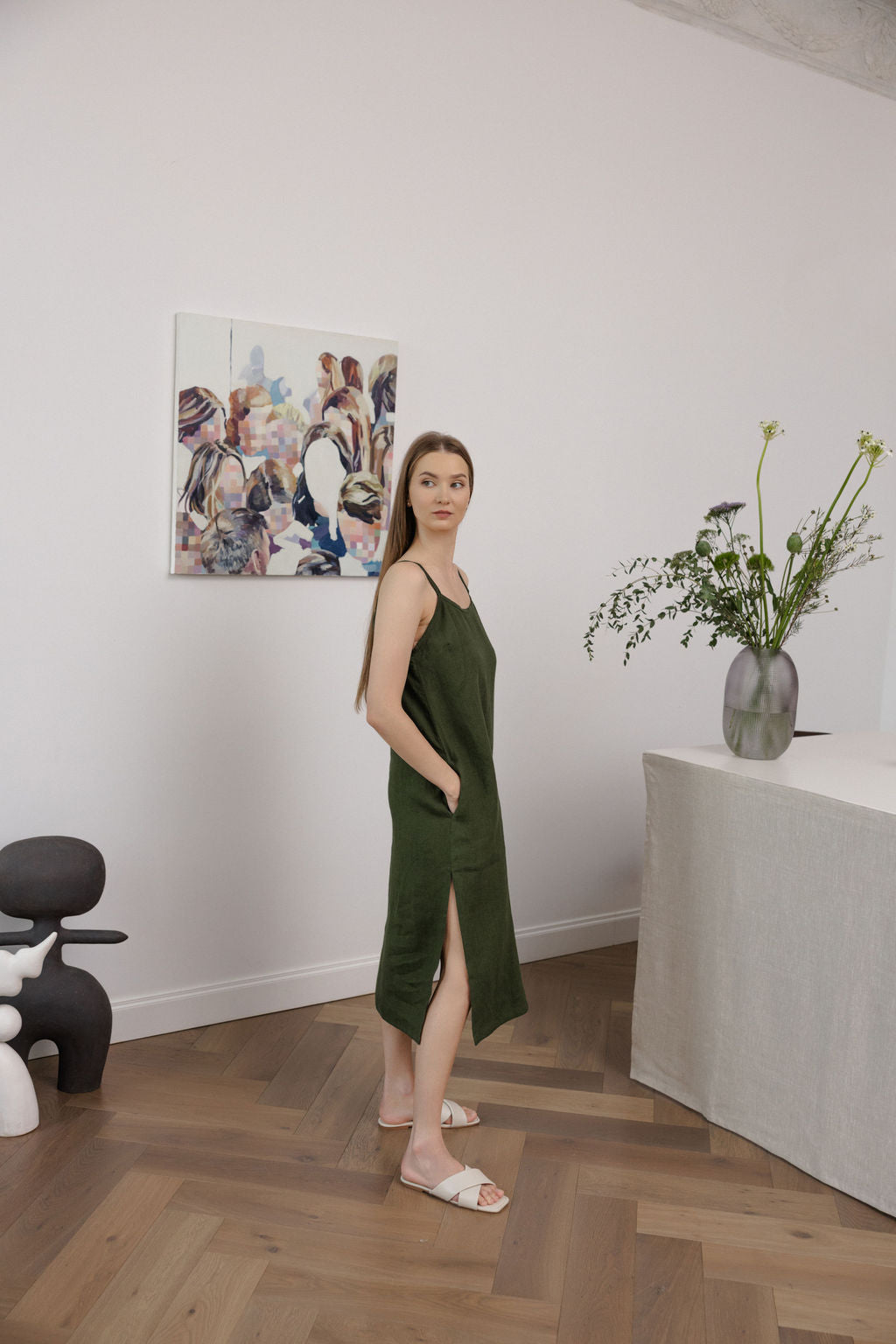 Dark Green Linen Slip Dress With Straps