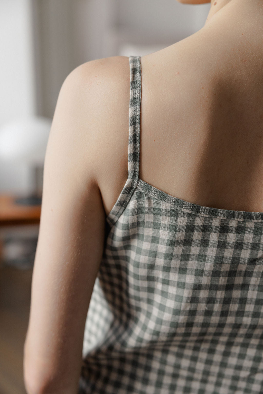 Gray Green Gingham Linen Slip Dress With Straps