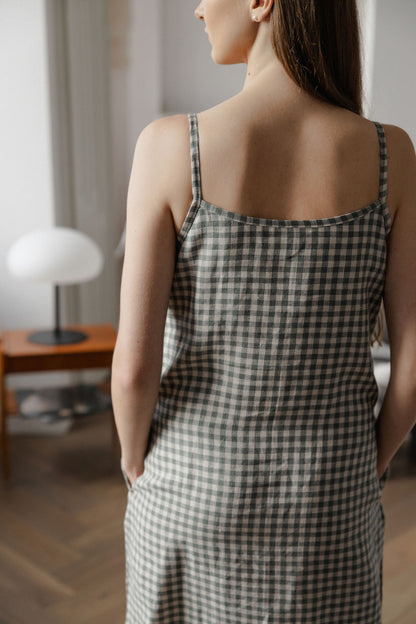Gray Green Gingham Linen Slip Dress With Straps