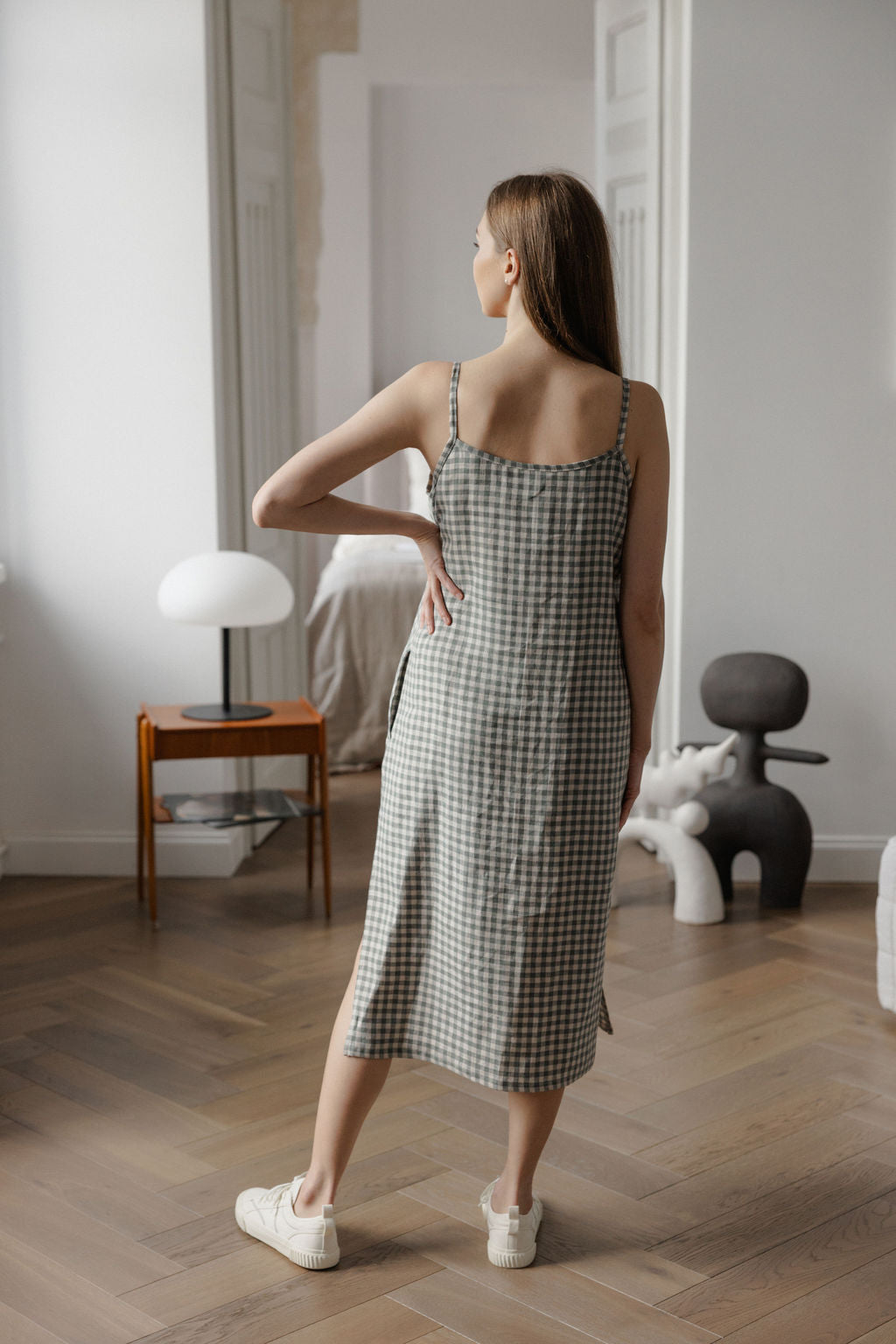 Gray Green Gingham Linen Slip Dress With Straps