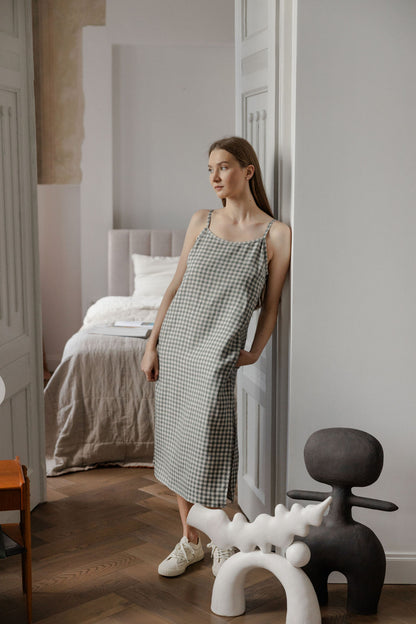 Gray Green Gingham Linen Slip Dress With Straps