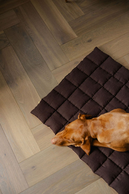 Dog lying on a brown quilted mat on a wooden floor