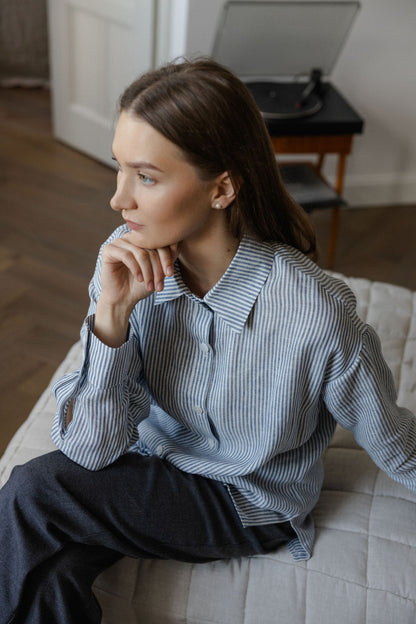 striped blue linen shirt