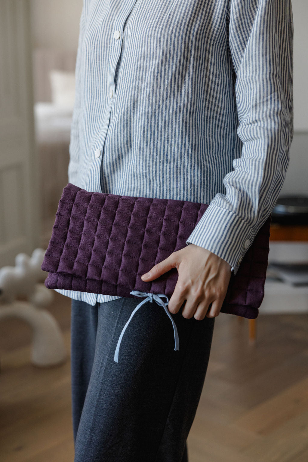 Linen Quilted Baguette Shoulder Bag