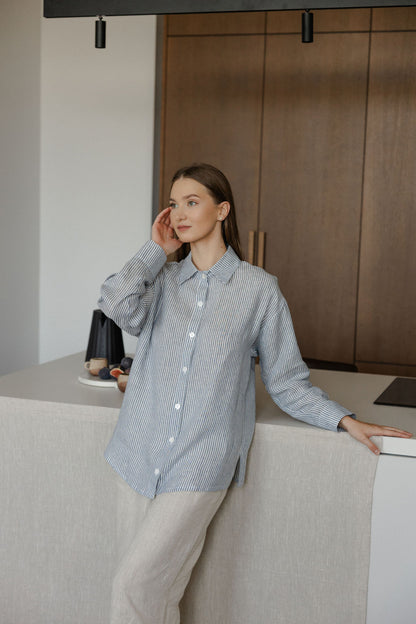 striped blue linen shirt
