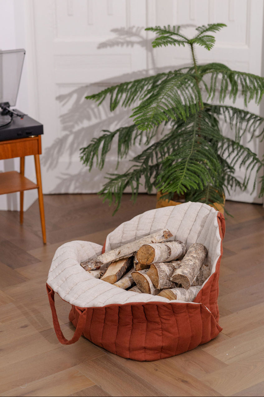 quilted linen firewood carrier bag with handles