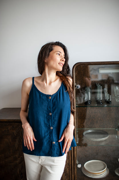 Ice Blue Linen Cami Top With Straps