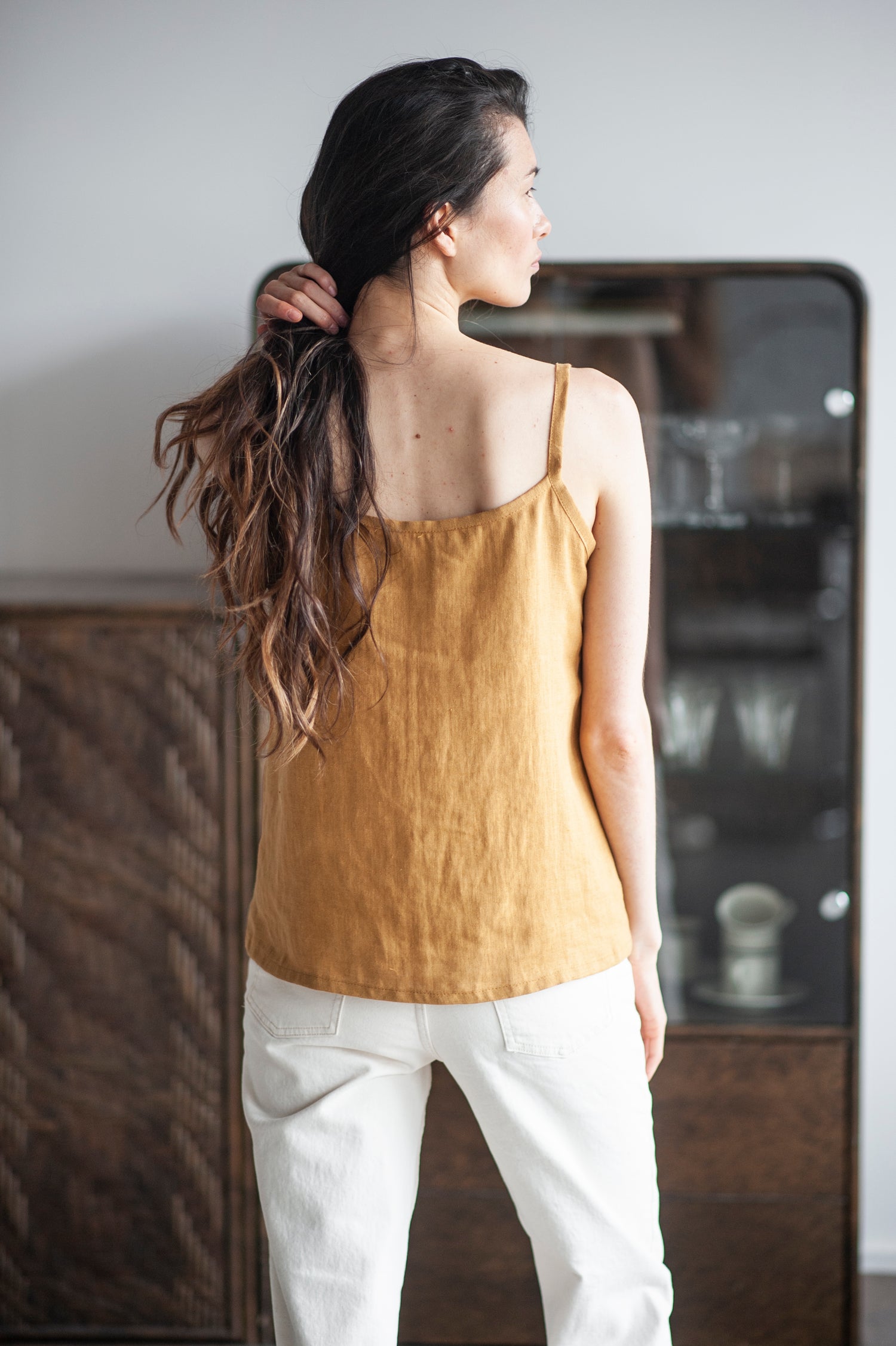 Walnut Brown Linen Cami Top With Straps