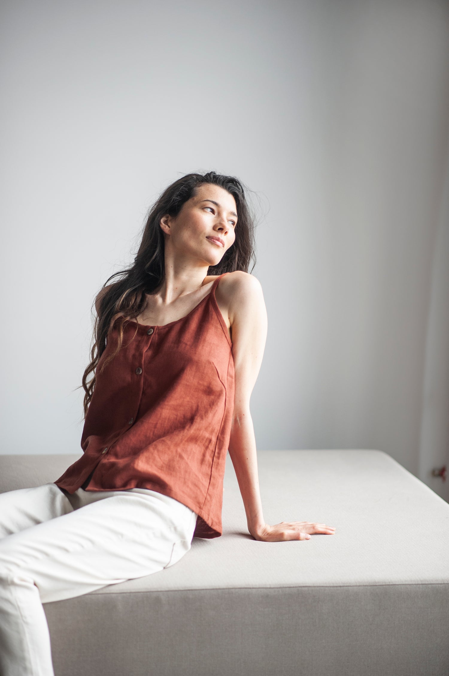 Blue Linen Slip Top With Straps