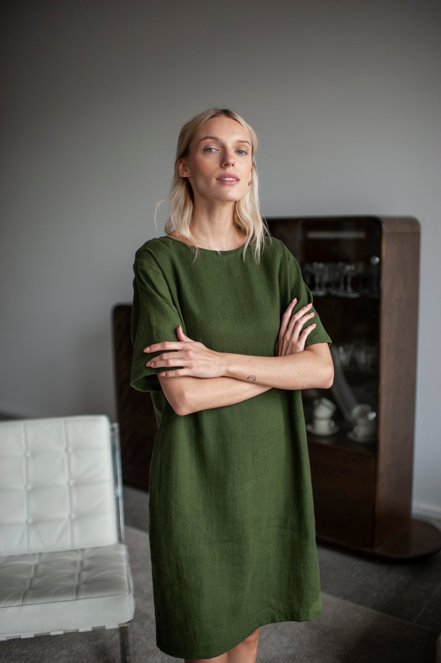 Green linen dress