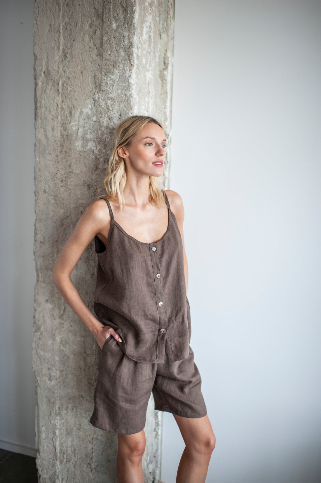 Brown Linen Bermuda Shorts and Cami Top Set