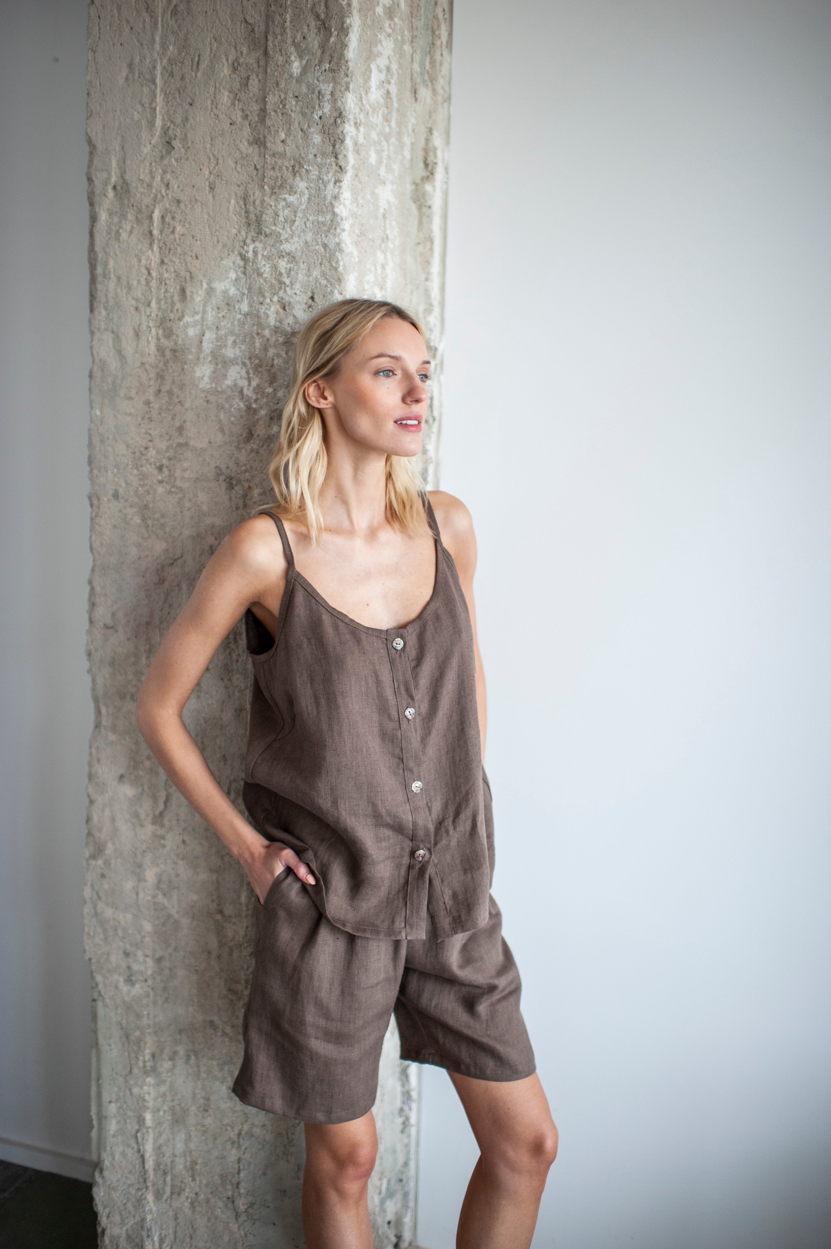 Brown Linen Bermuda Shorts and Cami Top Set
