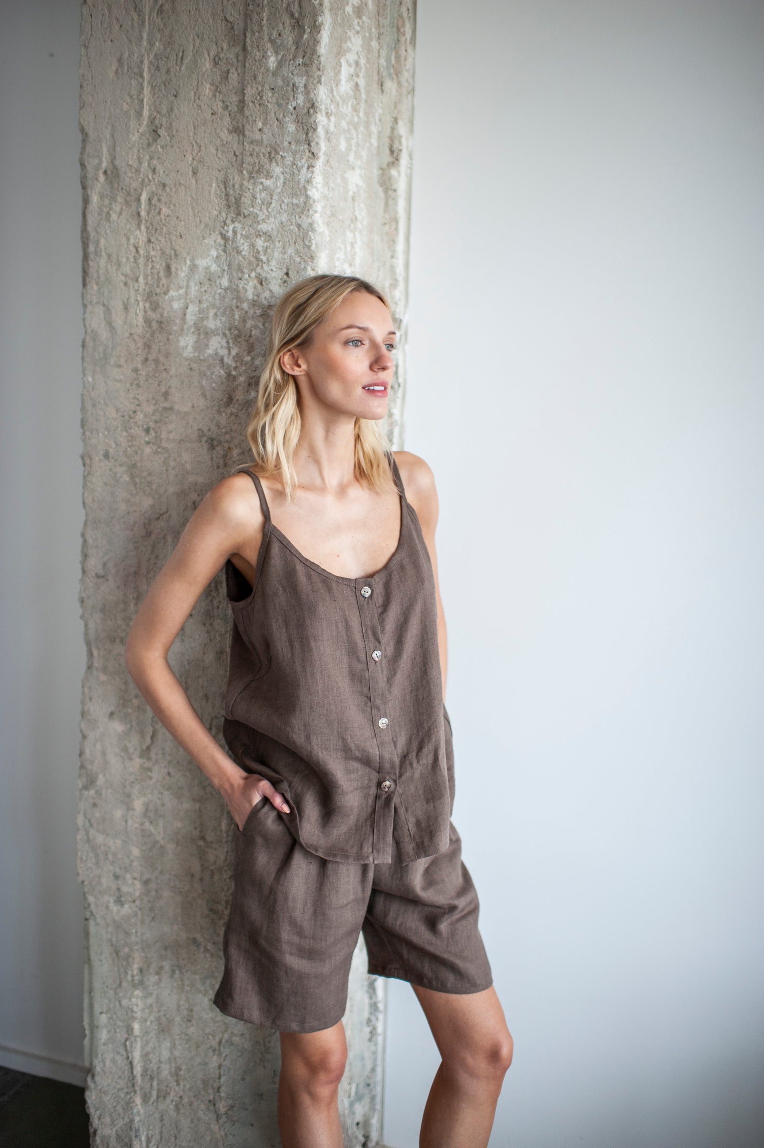 Walnut Brown Linen Cami Top With Straps
