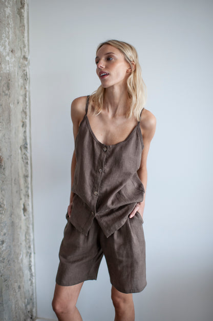 Brown Linen Bermuda Shorts and Cami Top Set